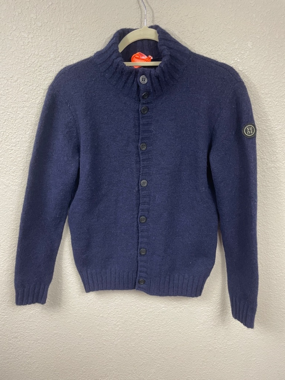 Suns Wool Alpaca Blend Mock Neck Fisherman Cardigan Navy Blue Sz M